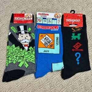 3 Monopoly New Novelty Crew Socks Size 6-12/13 - Men's/Women's -